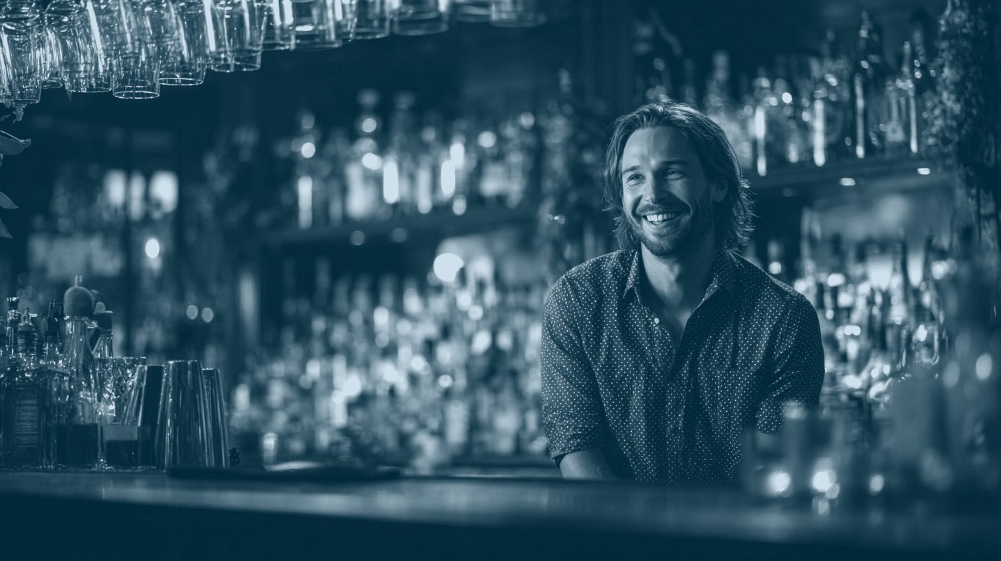 A warm, confident bartender at the bar